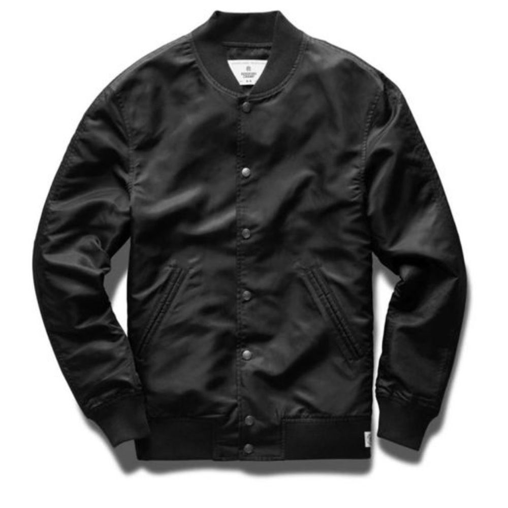 REIGNING CHAMP Black Mens Satin Stadium Varsity Jacket Size Large $280